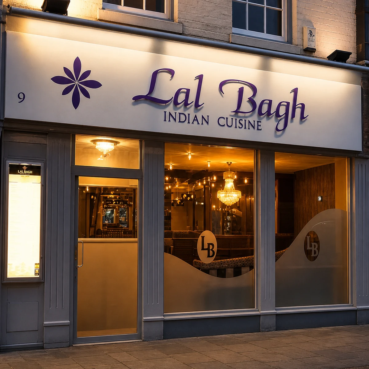 Lal Bagh restaurant frontage on Bird Street in Lichfield at dusk