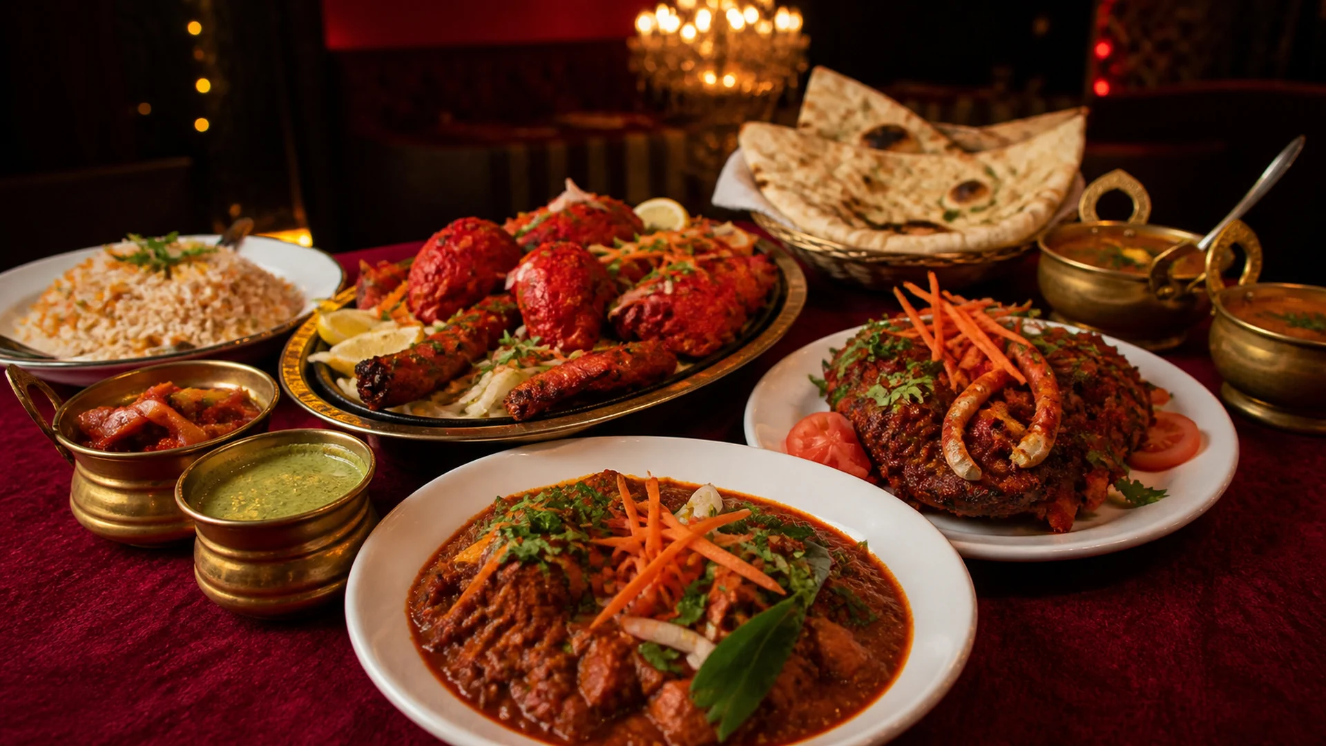 A generous Indian and Bangladeshi feast with tandoori dishes, curries, rice and naan